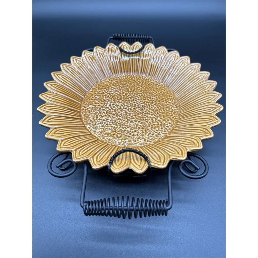 Sunflower Shaped Serving Plate Bowl Stoneware Attached Metal Trivet Stand Pier 1